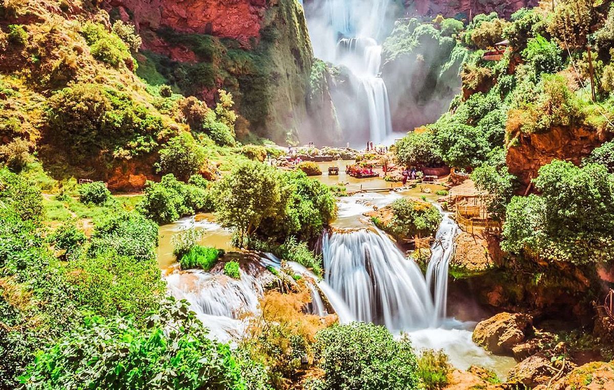 Front view of the Ouzoud Waterfalls cascading into the valley below